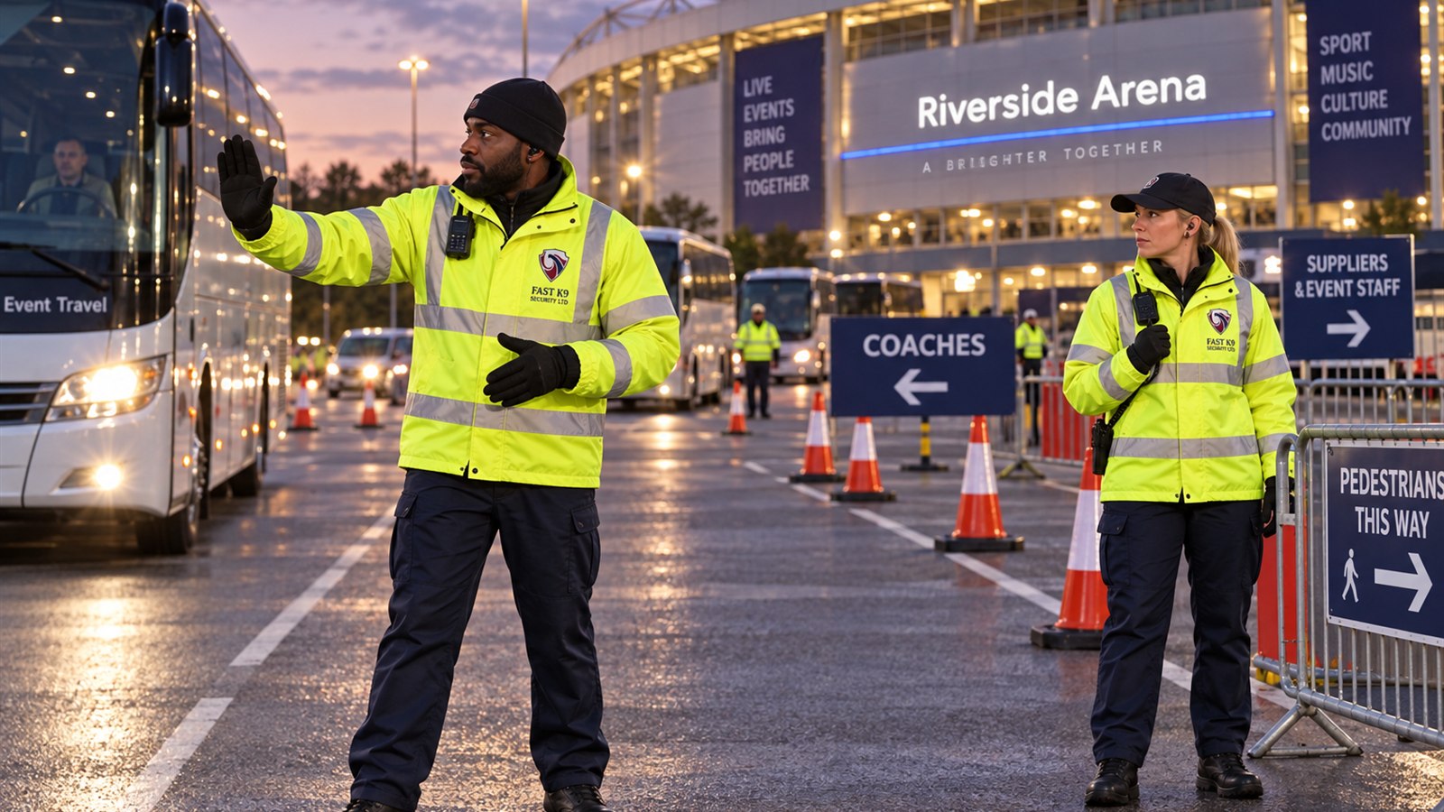 Fast K9 Security Limited traffic marshal managing coach parking at an arena